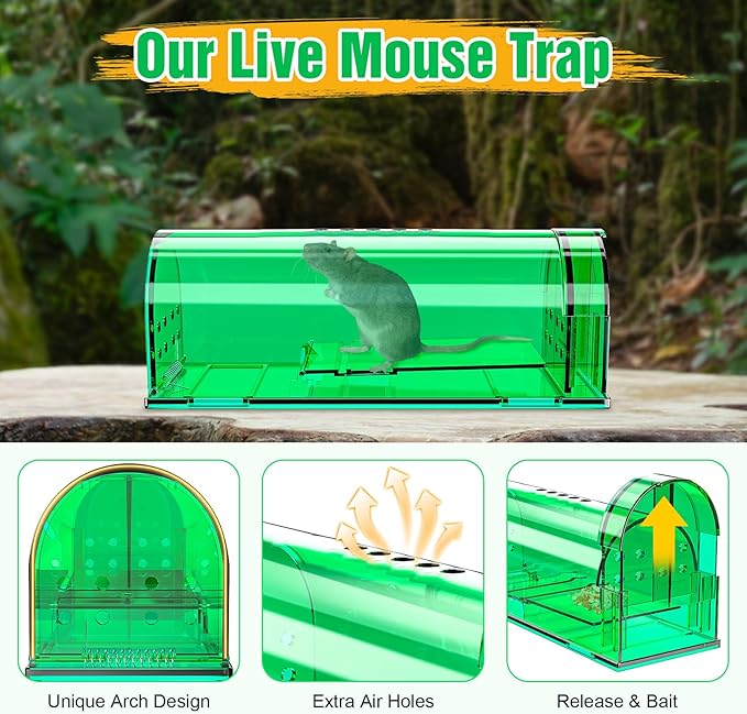 4 Pcs Humane Mouse Traps No Kill, Live Mouse Trap, Reusable Mice Trap Catch for House & Outdoors