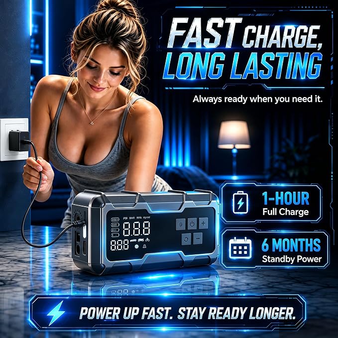 9000A Jump Starter with Air Compressor 10-1 Portable Tire Inflator German Fast-Charging Power Bank Car Diesel Battery Booster for Car Owners Camping, Road Trips, Family Safety & Gift