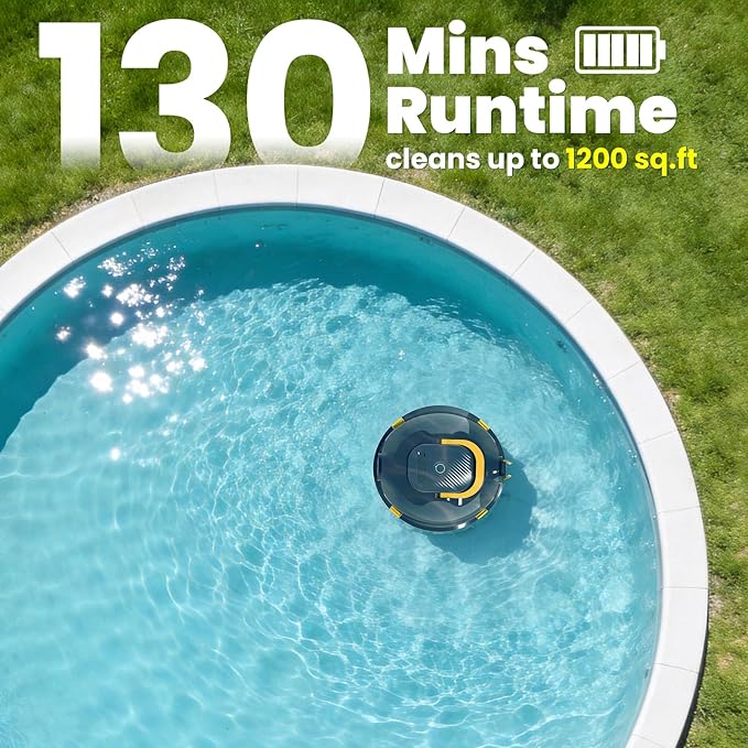 Y20 Robotic Pool Cleaner Black+Retrieval Hook, Cordless Pool Vacuum for Above Ground & Inground Flat Pools with 130 Min Runtime, Auto-Parking, Up to 1200 Sq.Ft
