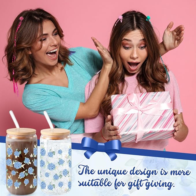 Sliner 2 Pcs Hydrangea Glass Cups Floral Gifts Flower Drinking Glasses 16 oz Iced Coffee Tumbler with Lid Straw Cute Beer Can Tumbler Holiday Gifts for Spring Summer Home Office Decorations