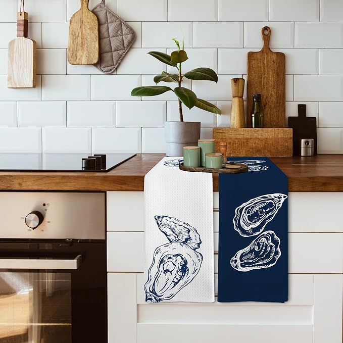 Coastal Oyster Beach Decor Dish Hand Tea Towels for Bathroom Kitchen, Oyster Shell Ocean Beachy Bathroom Decor Gifts, Navy Blue Nautical Summer Kitchen Towels and Dishcloths Sets of 2,16x24in
