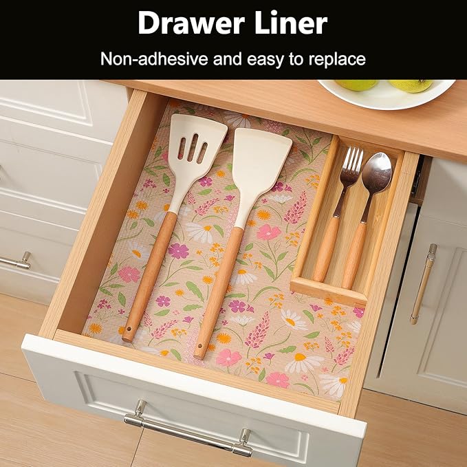 INNOLITES Shelf Liner for Kitchen Cabinets, Non-Adhesive Drawer Liner, Waterproof Washable EVA Floral Pattern, Protect Dresser Cupboard Refrigerator Shelves (Sage Wildflower, 23.6" x 360")