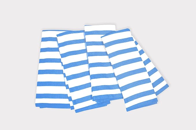 Realm 17" x 27" 100% Cotton Kitchen Towel (4 Pack) | Stripe Pattern Nautical Blue | Soft, Plush & Absorbent with Solid White Backing