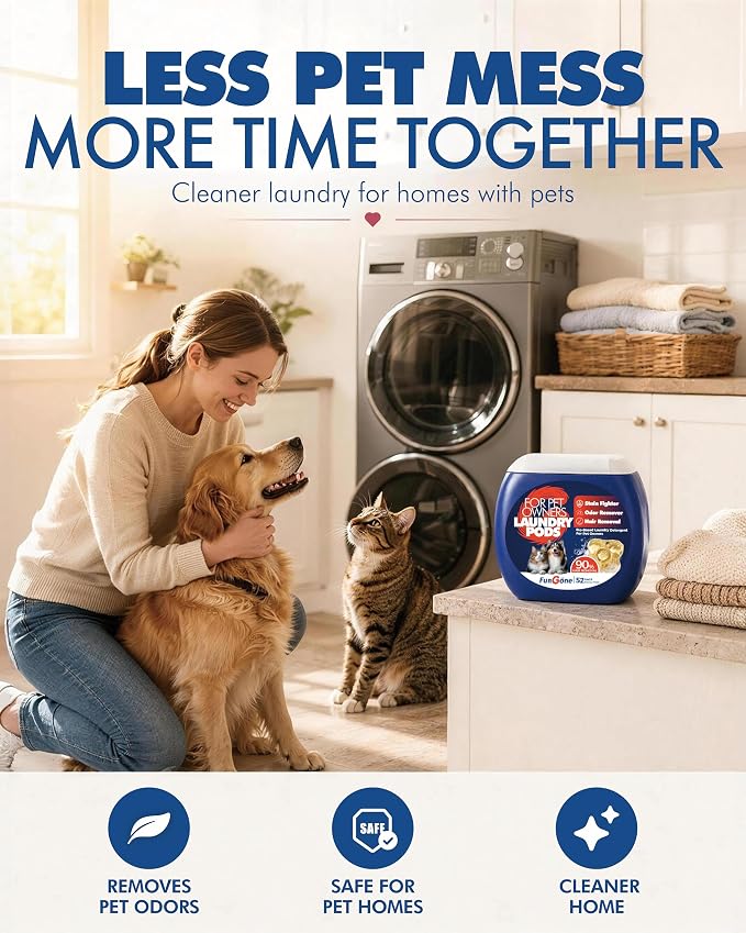 FurGone Laundry Detergent Pods for Pet Owners, 52 Count, Pet Hair Remover & Odor Eliminator, Rose & Oud Scent, Bio-Based Formula, Tough Stain Removal, Fast Dissolving, HE Compatible