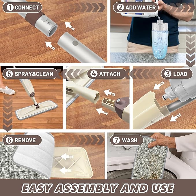 HOMTOYOU Wet Spray Mop for Floor Cleaning with 2 Bottles and 4 Washable Pads