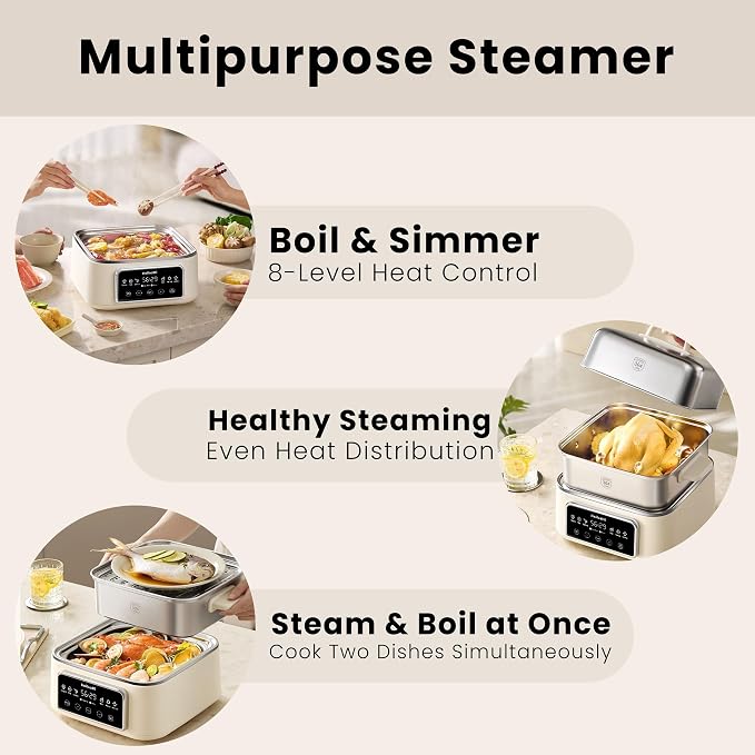 Electric Food Steamer 12.7 QT, Double-Tier 8-in-1 Vegetable & Meal Steamer, Stainless Steel, Timer & Keep Warm, Boil-Dry Protection, Healthy Cooking Kitchen Steamer