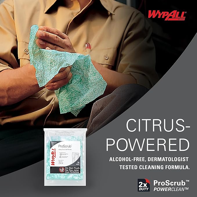 WypAll PowerClean ProScrub Heavy Duty Wet Towels (91367), Dual Action Cleaning, Large 9.5" x 12" Wipes, Refill Only (6 Packs of 75 Sheets, 450 Sheet Total)
