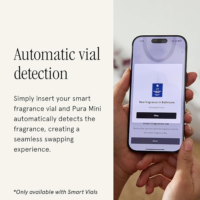 Pura Home Mini Fragrance Diffuser for Small Spaces Adjustable Smart Home Device with LED Light & Automatic Vial Detection - Includes 1 Scent Refill - Linens & Surf