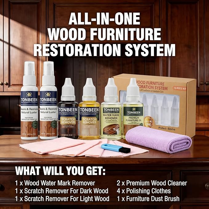 Premium Wood Furniture Care Set (12-Piece) - Includes Wood Cleaner & Water Mark Remover, Dark/Light Scratch Repair Kit & Furniture Care Oil | Friendly for Cabinets, Tables & All Wood Finished Surfaces