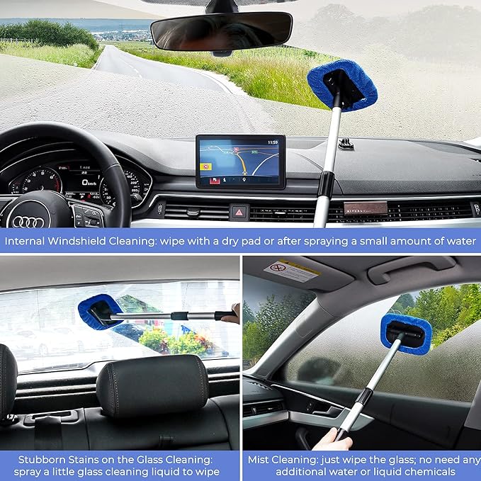 AstroAI Windshield Cleaner, Microfiber Car Window Cleaner with 12 Reusable and Washable Microfiber Pads and Extendable Handle Auto Inside Glass Wiper Kit, Blue, 3 Pack
