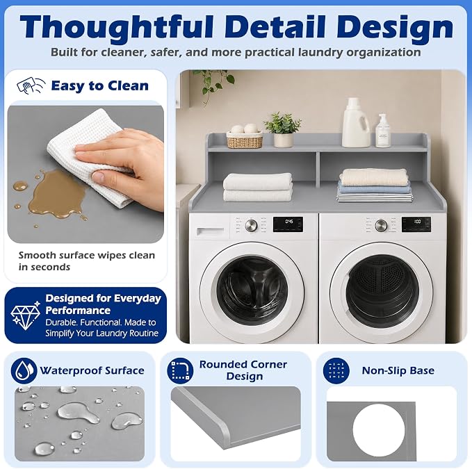 Royxen Laundry Countertop with Storage Universal Fit, Washer and Dryer Countertop with Shelf, Laundry Room Storage, 2-Tier Shelf (Grey)