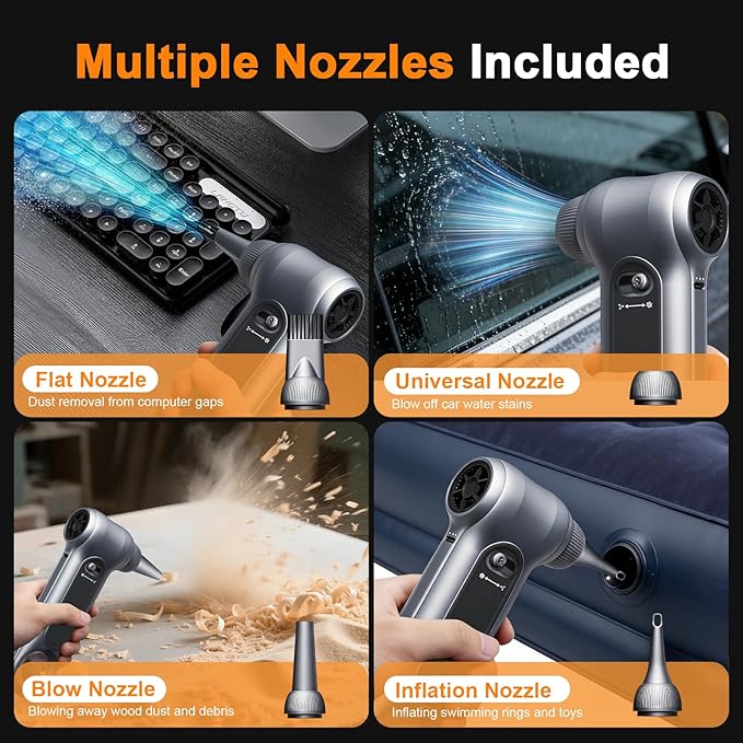 Compressed Air Duster 150000RPM Copper Brushless Motor, Stepless Speed Cordless Blower with LED&Magnifier Glass, Carry Bag & Nozzle Kit, Replaces Air Cans for PC Keyboard Electronics Car Home (Gray)