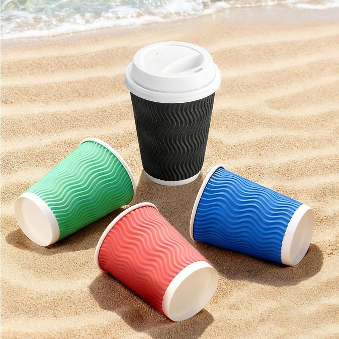 Disposable Wavy Insulated Cups, 12 Ounce, 98 Count, 20 Bonus Lids, for Hot or Cold Drinks, Assorted Colors