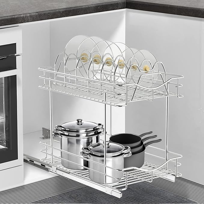 FULGENTE Pull Out Cabinet Pots and Pans Organizer 11" W x 18" D 2 Tier Wire Basket for Lid Cookware Drawer Slide Out Kitchen Cupboard Organization Shelves Shelf for Pantry Roll Out Storage, Chrome