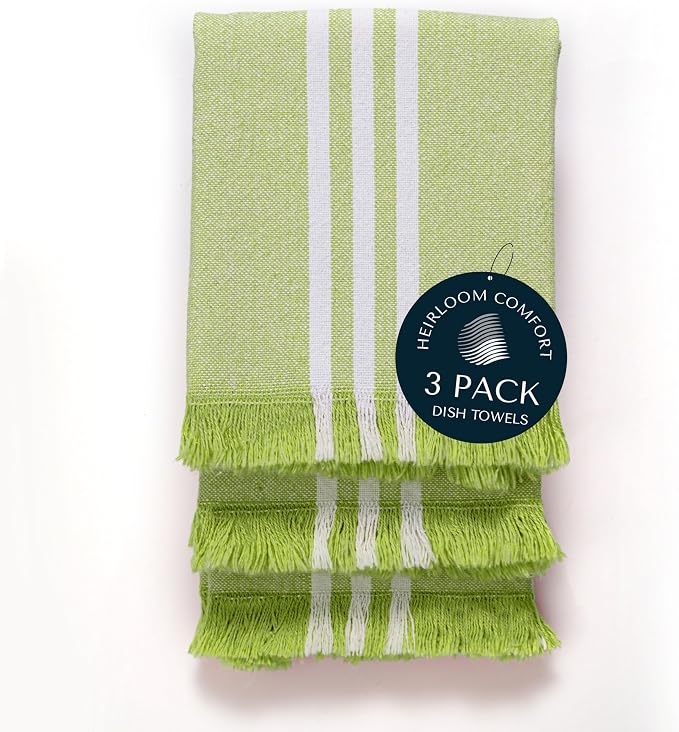 3 Pack Monochrome Stripe Kitchen Towels, Fringed Edges, 16x26 Inch, 100% Cotton, Lint-Free, Absorbent & Washable Dish Towels for Drying Dishes, Everyday Kitchen Use, Lemon Green
