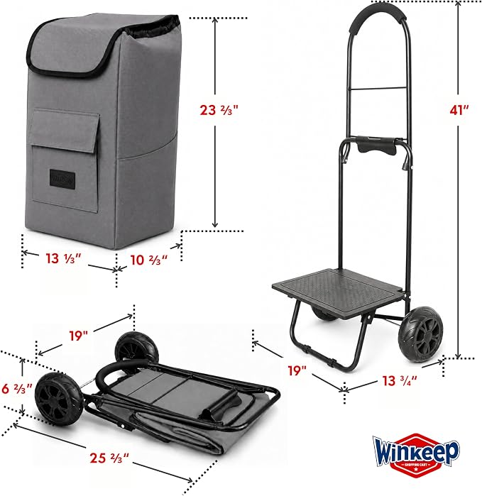 Shopping Cart, Super Loading Grocery Trolley, 220 lbs Capacity, Foldable Cart with Extra Large 55L Shopping Bag Portable Grocery Utility Cart with Adjustable Bungee Cord (Gray)