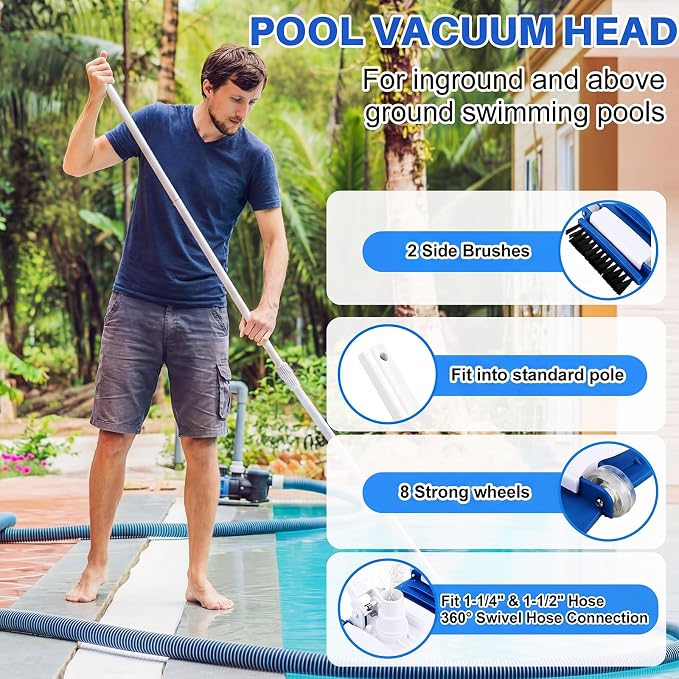 4 Pcs Swimming Pool Cleaning Kit Including Pool Vacuum Head with 1-1/2" x 30 ft Hoses Flexible Head with Bristles Wheel and Pole 14 '' Cleaning Brush for Inground Above Ground Cleaner