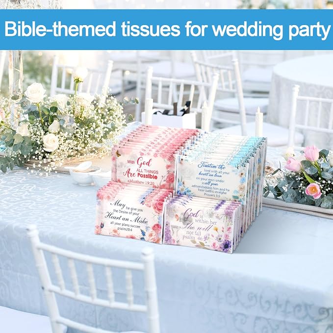 TaoBary 80 Pack Christian Pocket Tissues for Wedding Guests Scripture Floral Pocket Tissues Travel Packs Inspirational Bible Verse 3 Ply Soft Facial Napkin for Wedding Travelling Ceremony Supplies