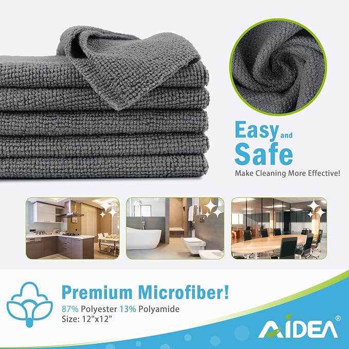 AIDEA Microfiber Cleaning Cloth Grey-100PK, Soft Absorbent Rags, Microfiber Towels for Cars, Kitchen Towels, Dusting Cloth for Home, Window, Cleaning Supplies, 12"×12"