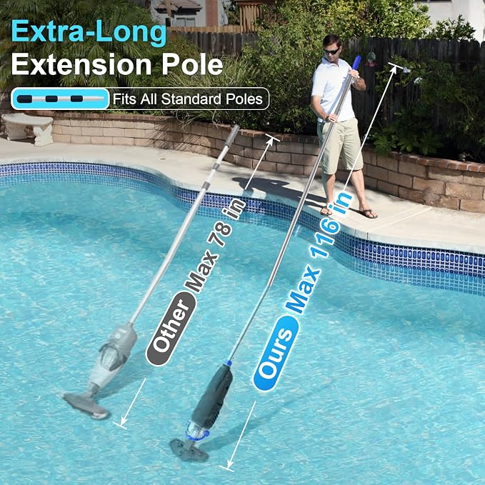 Upgraded Cordless Pool Vacuum with Telescopic Pole, 60 Min Powerful Suction & Large Head, Rechargeable Handheld Cleaner for Above Ground Pools, Inground Pools, Hot Tubs, and Spa