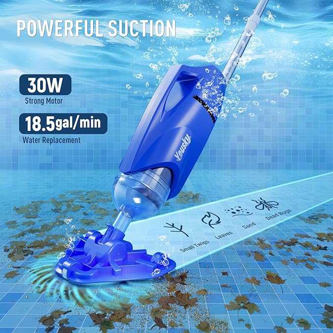 Cordless Handheld Pool Vacuum, 18.5GPM Strong Suction, 45 Mins Runtime, Telescopic Pole, Dual Brush Heads for Above Ground, Inground Pools, Spas & Hot Tubs, Vako H10 Blue