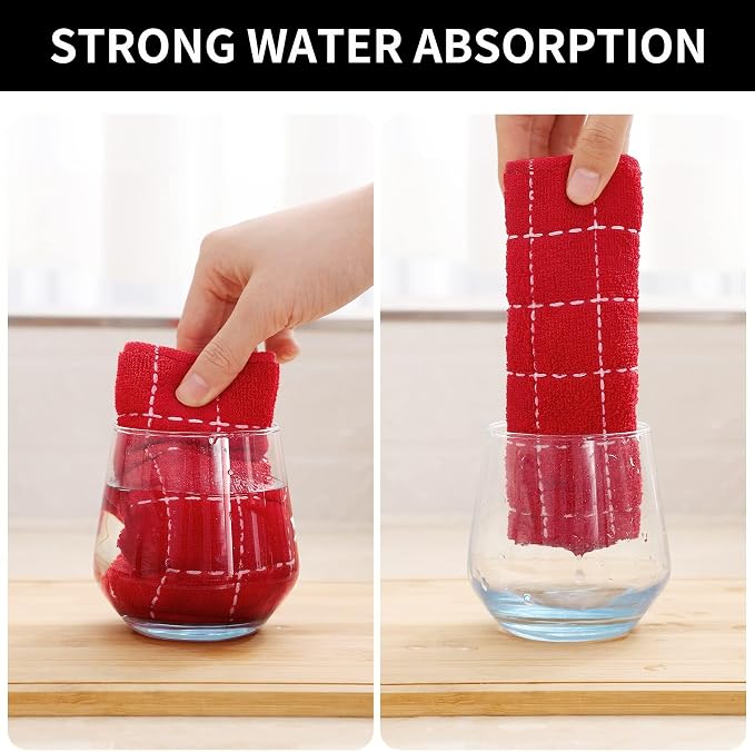 Homaxy Kitchen Towels and Dishcloths Set, 12 x 12 and 13 x 28 Inches, Set of 12 Bulk Cotton Terry Kitchen Towels Set, Checkered Designed, Soft and Super Absorbent Dish Towels, Red