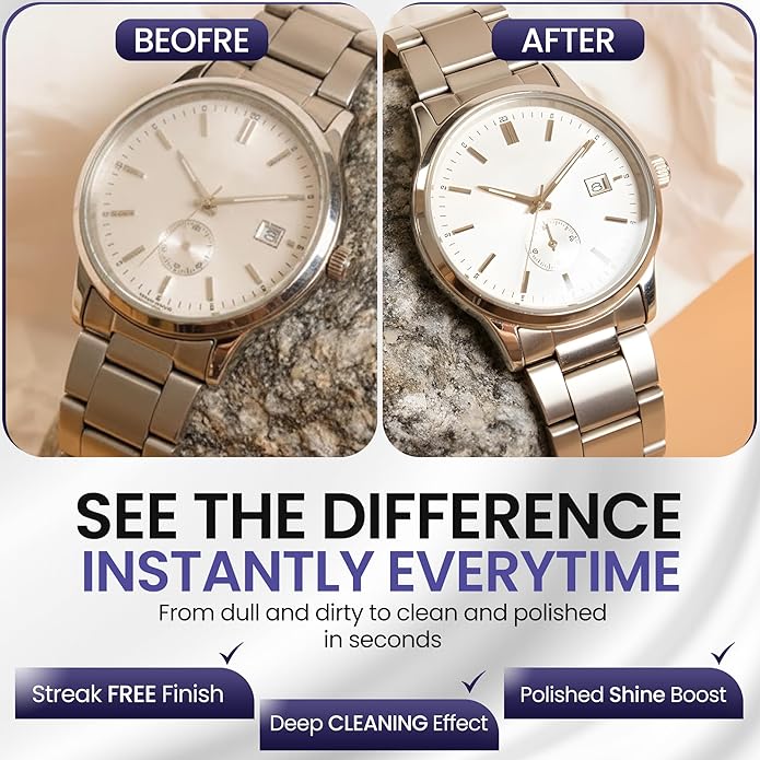 Watch Cleaning Kit - Cleans All Watches and Jewelry Including Metals, Crystals and Rubber - 1 x 2oz and 1 x 8oz Watch Cleaner Gel Spray, 3 x Microfiber Cloth, 2 x Horsehair Brush