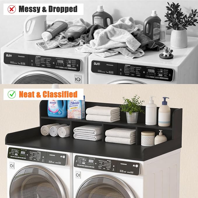 Piskyet Washer Dryer Countertop,2- Tier Laundry Countertop with Edge Rails,27.5" Depth x 54" Wood Countertop,Laundry Machine Topper for Laundry Room Organization and Storage(Black)