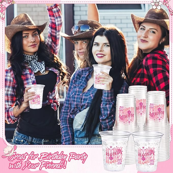 100 Pcs Pink Cowgirl Plastic Cups 12 oz Pink Howdy Western Disposable Plastic Drinking Cups Bulk for Western Cowgirl Birthday Baby Shower Bachelorette Party Decoration Supplies