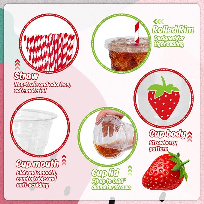 Whaline 50Pcs Strawberry Disposable Plastic Cups with Lids and Straws 12 Oz Red Summer Fruit Cold Beverage Drinking Cups for Sweet One First Birthday Baby Shower Party