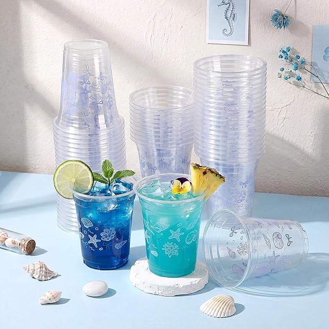 Tanlade 60 Pcs Ocean Party Plastic Cups 12 oz Blue Bow Seashell Starfish Seashell Coastal Nautical Sea Theme Disposable Cups for Baby Shower Summer Theme Birthday Wedding Party Supplies Decorations