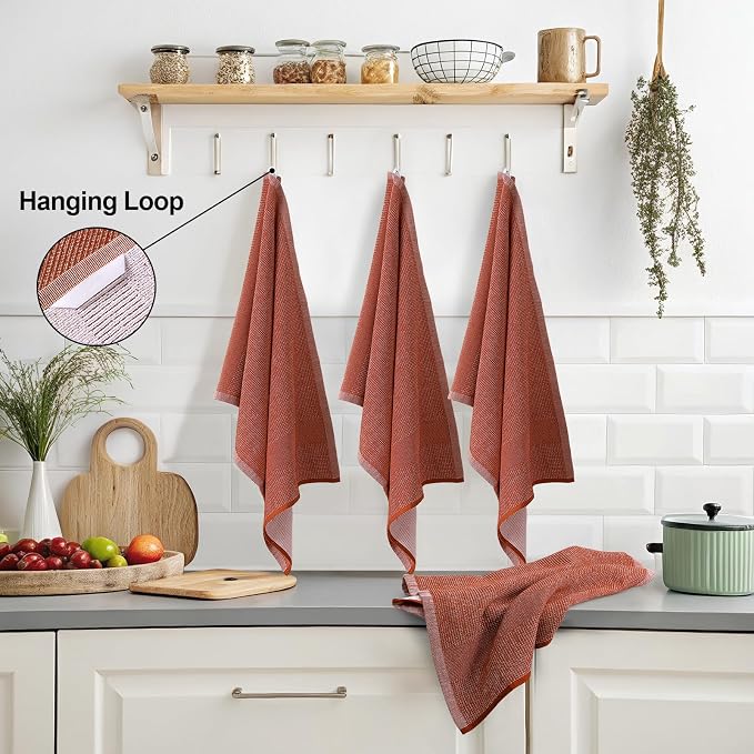 Mordimy Premium Kitchen Towels 6 Pack (18 x 28 Inches, Rust), Large Cotton Kitchen Hand Towel, Flat & Terry Dish Towels for Drying Dishes, Super Absorbent Tea Dishtowels Set with Hanging Loop