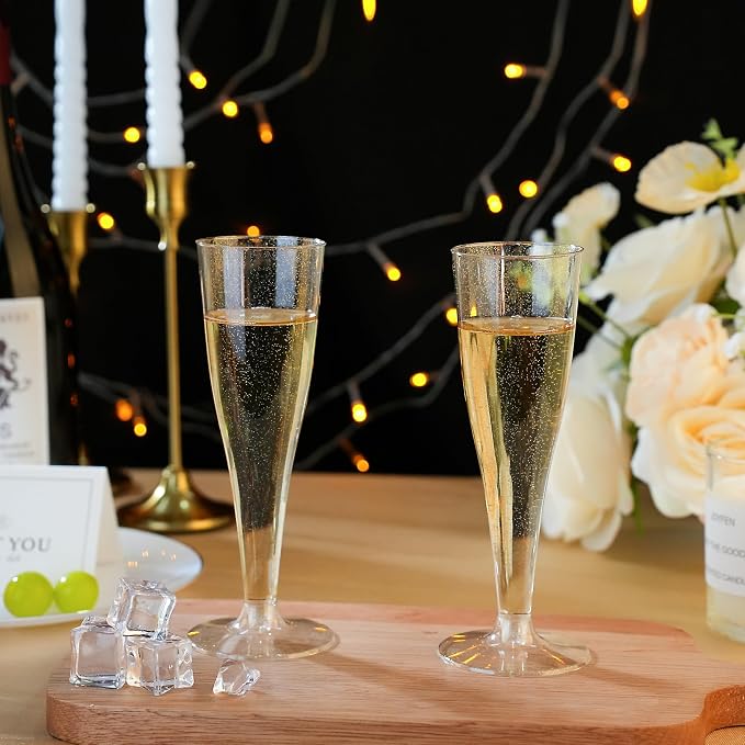 Bestluck 25 Pack Champagne Flutes Plastic, 4.5 oz Gold Glitter Plastic Disposable Stemware, Disposable Champagne Flutes for Party, Mimosa Bar, Wedding, Anniversary and Graduation