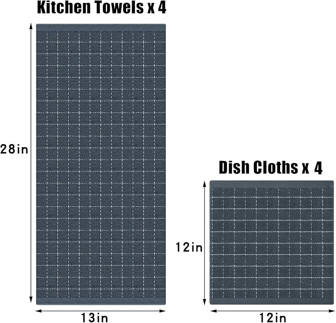 Homaxy Kitchen Towels and Dishcloths Set, 12 x 12 and 13 x 28 Inches, Set of 8 Bulk Cotton Terry Kitchen Towels Set, Checkered Designed, Soft and Super Absorbent Dish Towels, Dark Grey