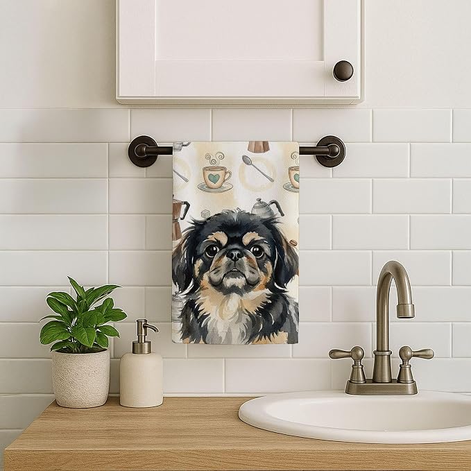 Caroline's Treasures Black and Tan Pekingese Coffee Bar Kitchen Towel Velour Plush Front and Cotton Loop Back Machine Washable