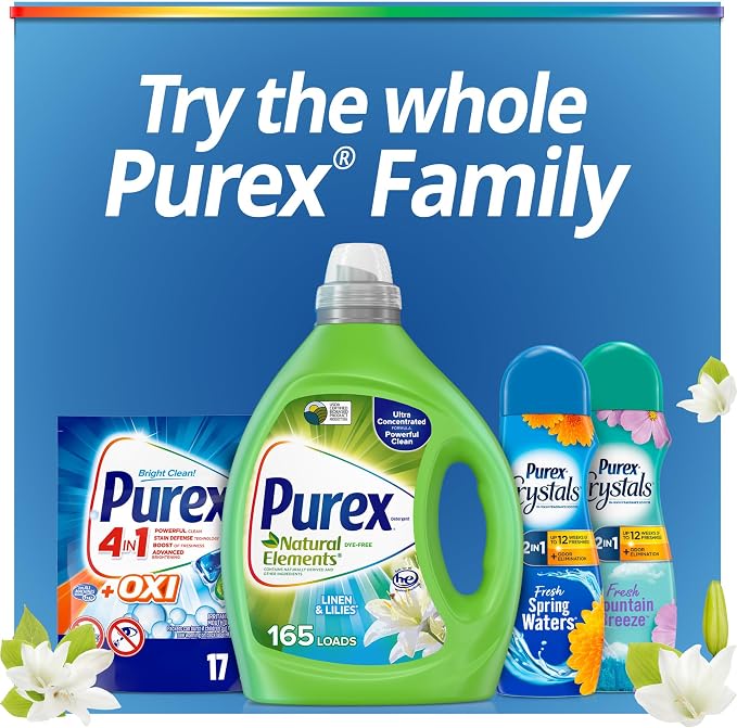Purex Natural Elements Fresh Lilies & Linen Liquid Detergent, 82.5 oz, 165 Loads, Ultra-Concentrated, Dye-Free, USDA Certified Biobased Product (Pack of 2)