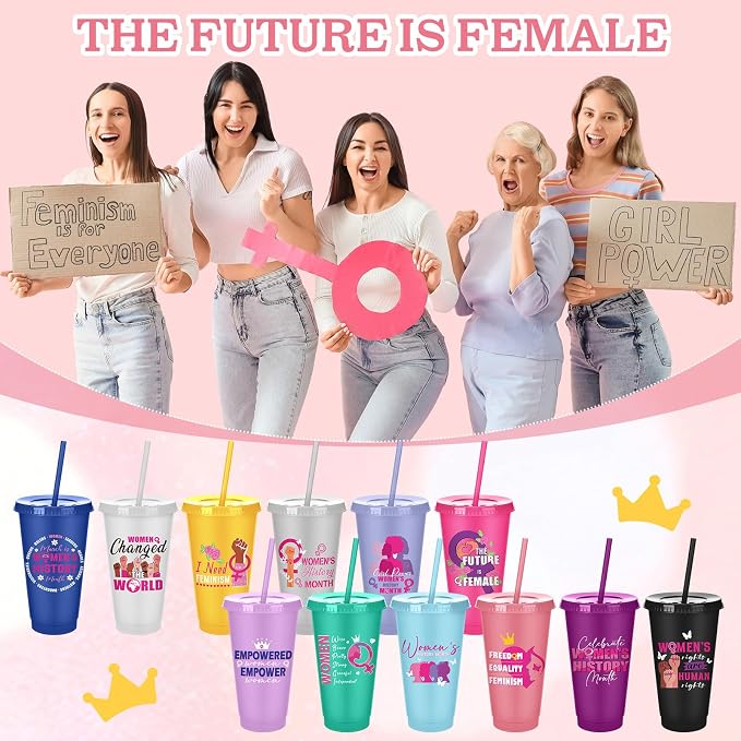 Meanplan 24 Pcs Women's History Month Gifts Bulk 24 oz Plastic Tumbler with Lids and Straws Inspirational Reusable Cups WHM Feminism Gift for March International Women's Day Party Favors