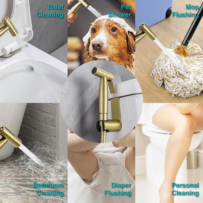 BARROCK Handheld Bidet Sprayer for Toilet, Stainless Steel Metal Made Baby Cloth Diaper Spraying Kit, Bathroom Toilet Bidet Attachment Set for Bathing Pets and Feminine Hygiene, Brushed Brass Gold