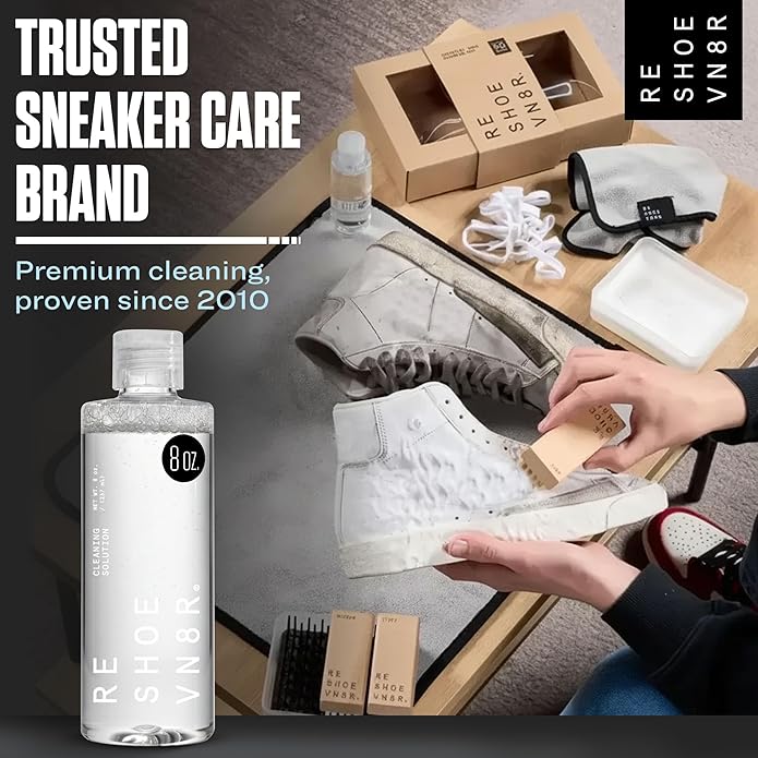 RESHOEVN8R Shoe Cleaning Solution, 8 oz - Sneaker Cleaner & Shoe Care for Canvas, Leather, Mesh, Suede, White, & Nubuck Shoes - Shoe Cleaner Sneakers Kit Solution in Easy-to-Use Bottle - 60-100 Uses