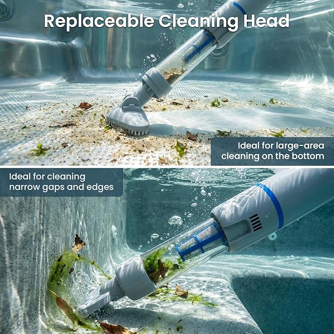 Handheld Spa Hot Tub Vacuum, Cordless Spa Vacuum Cleaner with 2 Brush Heads and Telescopic Pole, Up to 3 Hours of Runtime, Rechargeable Small Pool Vacuum for Above Ground Pool Inground Pools Hot Tubs