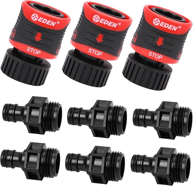 Eden 96806 Heavy Duty Metal Garden Hose Spray Nozzle Quick Connect Starter Set with Eden 99909 Quick Connect Starter Kit (9 pc Set)