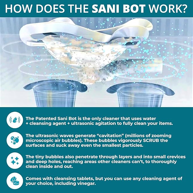 Sani Bot D3 Sleep Gear Cleaning – Cleaner with 60 Tablets, Ideal for Home Use and Sleep Gear, Mask, Hose Maintenance – Stainless Steel Reservoir 3 Liter Tank (9.8" w x 6.9" h x 3.1" d)