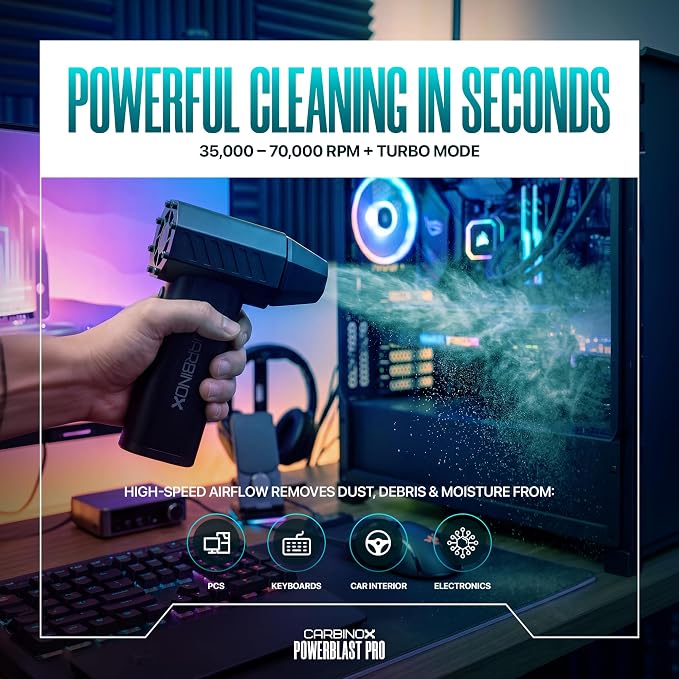 Carbinox Powerblast Electric Compressed Air Dusters for Cleaning - 3 Speed Adjustable Mini Blower with LED Light - 130000 RPM Power Snow Blower Cordless.