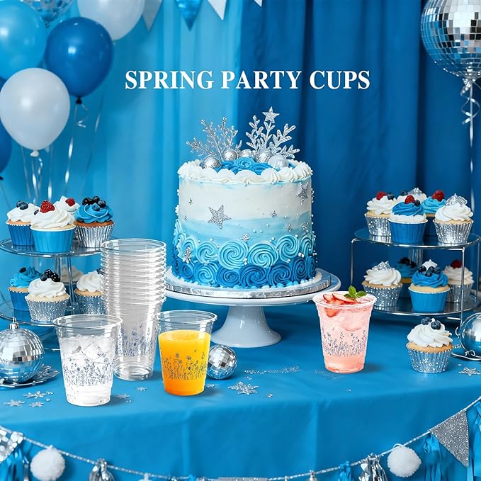 100 Pcs Blue Floral Plastic Cups Chinoiserie Disposable Plastic Cups 12 oz Spring Summer Wildflowers Clear Cups Wedding Birthday Baby Shower Party Supplies