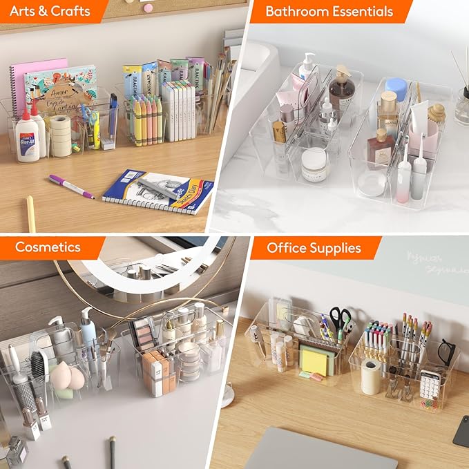 Lifewit 3 Pcs Plastic Caddy Organizer with Handle, Portable Art Supply Storage for Craft Supplies, Cosmetics, Holds Pencil, Crayon, Brushes, Hair Product, Dorm Shower Caddy, Clear, 25 x 15x 17cm