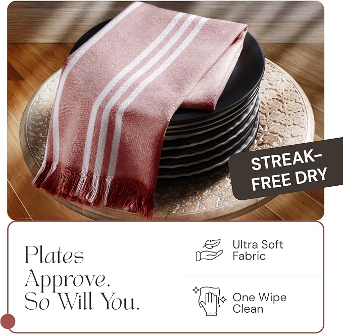 Monochrome Stripe Dish Towels 12 Pack, 16x26 Inch, 100% Cotton, Decorative Fringes, Ultra Absorbent & Reusable, Quick Drying Kitchen Towels for Cleaning, Drying, Easy Care, Rust