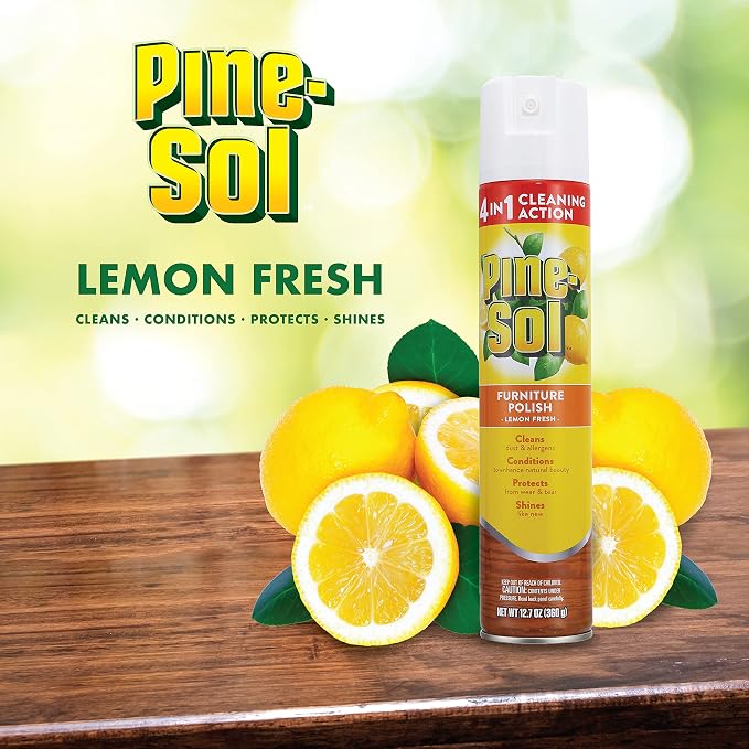 Pine-Sol Aerosol Furniture Polish Spray, 4-in-1 Cleans Conditions Protects and Shines Finished Wood Furniture, Cabinets, Tables and Paneling, Fresh Lemon Scent, 12.7 Oz