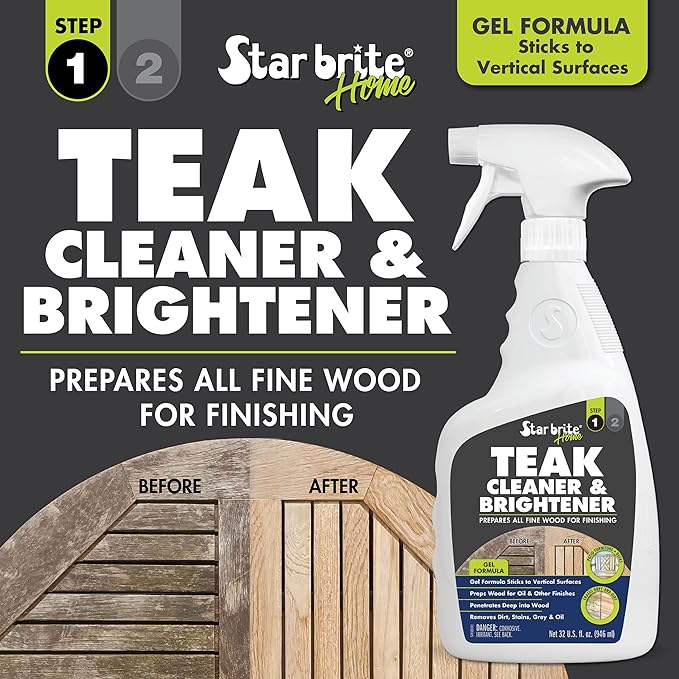 STAR BRITE Teak Cleaner & Brightener Gel Spray - 32 OZ - Vertical Surface Stick Formula - Prepares Wood for Oil & Finishes