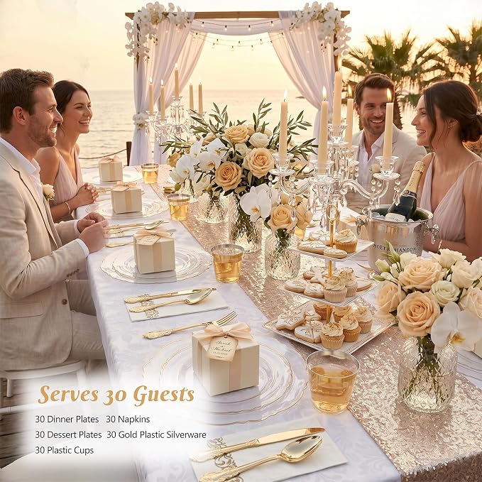 KIRE 210Pcs Clear and Gold Plastic Plates - Heavy Duty Clear Plates with Gold Rim - Disposable Dinnerware Sets of 60 Plastic Plate 90 Silverware 30 Cups 30 Napkins for Wedding/Party