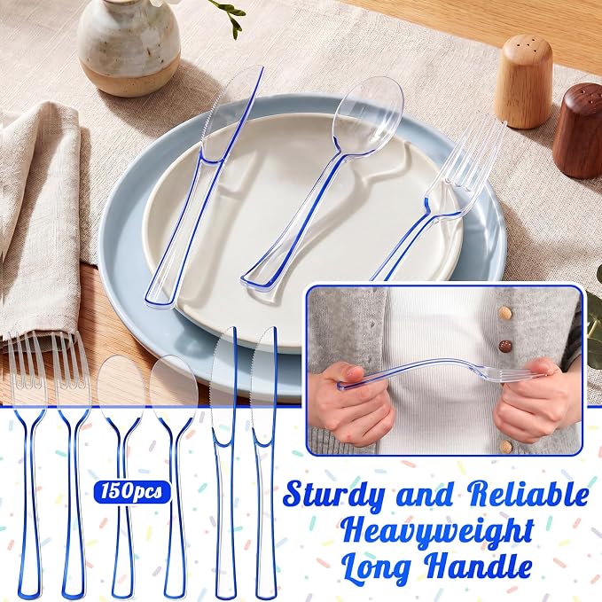 Minatee 150 Pcs Blue Plastic Silverware, Clear Disposable Cutlery Set Heavy Duty Utensil Sets 50 Forks 50 Knives 50 Spoons for Birthday Party Home Office School Picnics Restaurant Outdoor Events